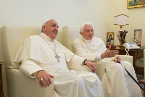 Pope Francis chats with retired Pope Benedict XVI at the retired pope's home at the Mater Ecclesiae monastery at the Vatican June 30. (CNS photo/L'Osservatore Romano) See SUMMER-POPES June 30, 2015.